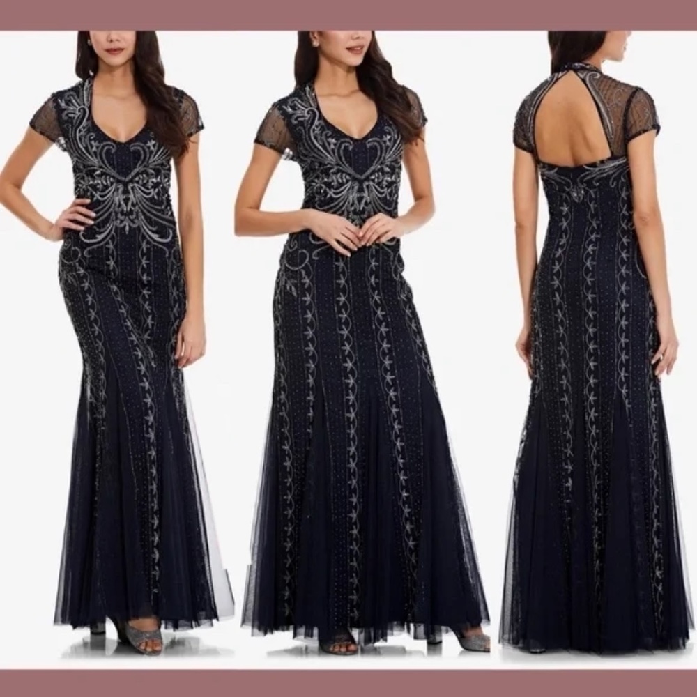 NWT $349 Adrianna Papell [ 16 ] Beaded Short Sleeve Gown in Midnight‎